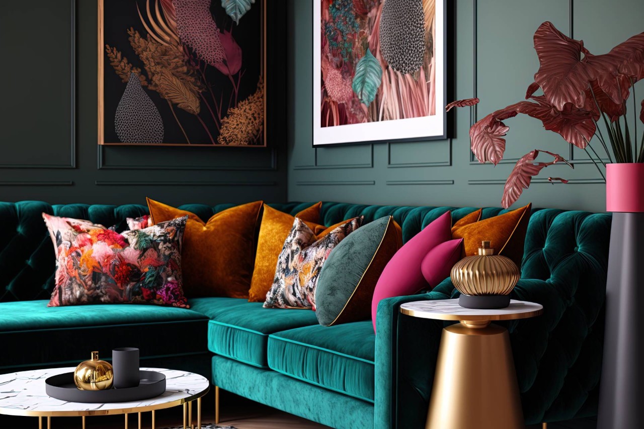 An eclectic home interior featuring a teal blue couch with brightly colored cushions near Honolulu, HI