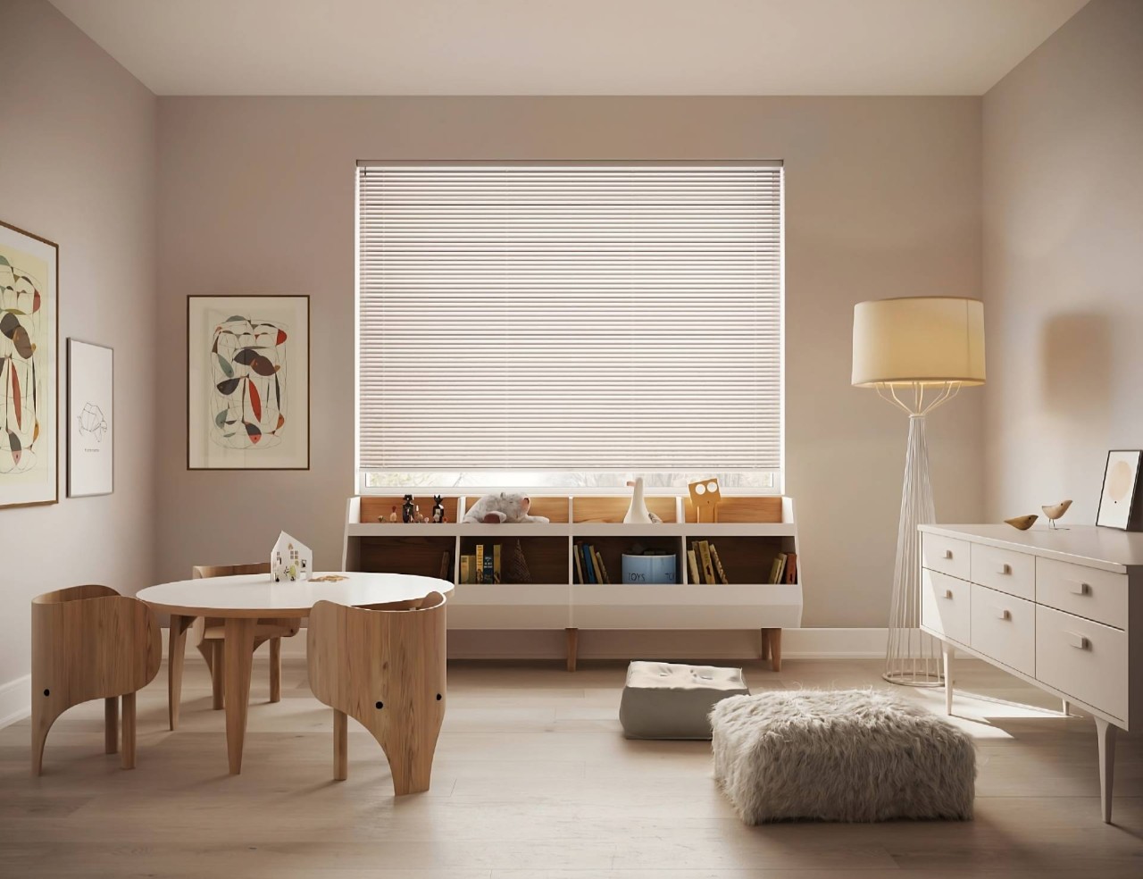 Durable Hunter Douglas Modern Precious Metals® Mini Blinds on a window in a child's playroom at Design 5 Ltd. near Honolulu, HI