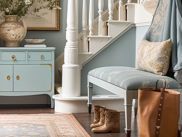 White wooden staircase with light blue accent furniture and pillows. 